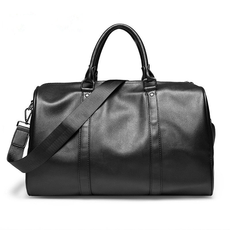 Black travel duffel bag with shoulder strap