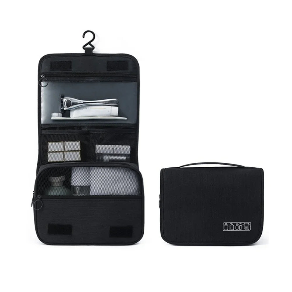 Black hanging travel toiletry bag open and closed view