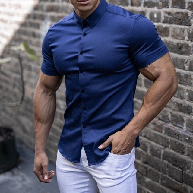 Slim fit stretch shirt with short sleeves for men