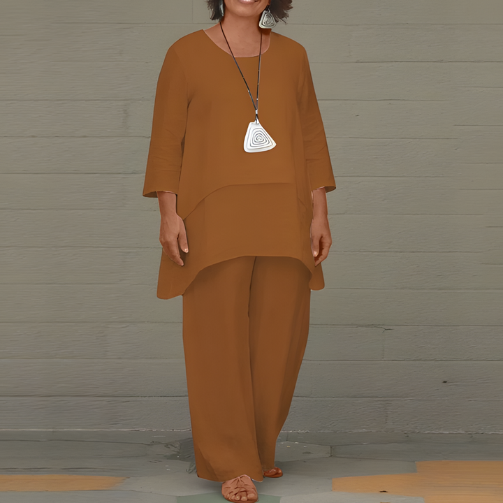 Full view of women's chic two-piece matching loungewear set with cozy trousers