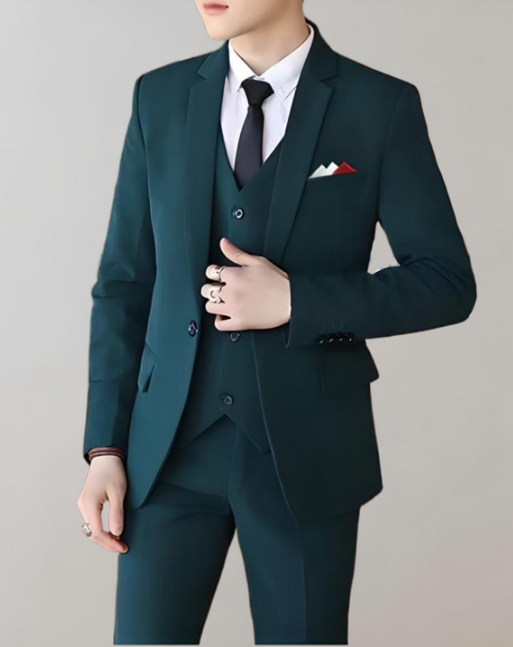 Full view of men's 3-piece formal suit set in stylish modern fit with matching vest