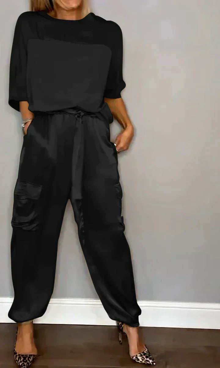 Stylish satin jumpsuit showcasing elegant women's evening fashion