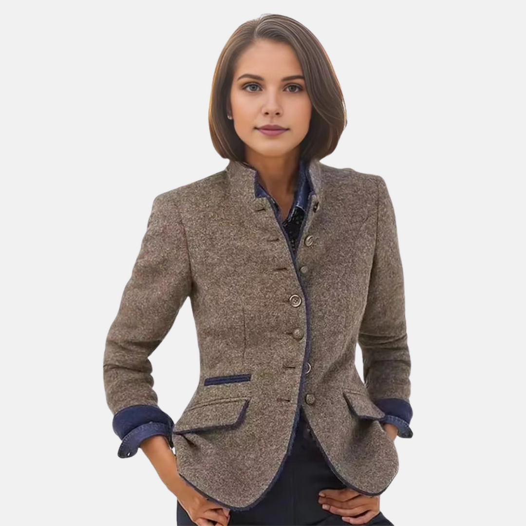 Model wearing women's stylish brown blazer jacket