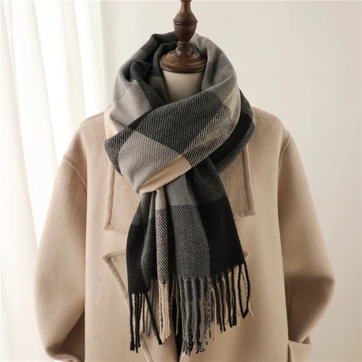 Fashion accessory display featuring the cozy checked winter scarf for women.