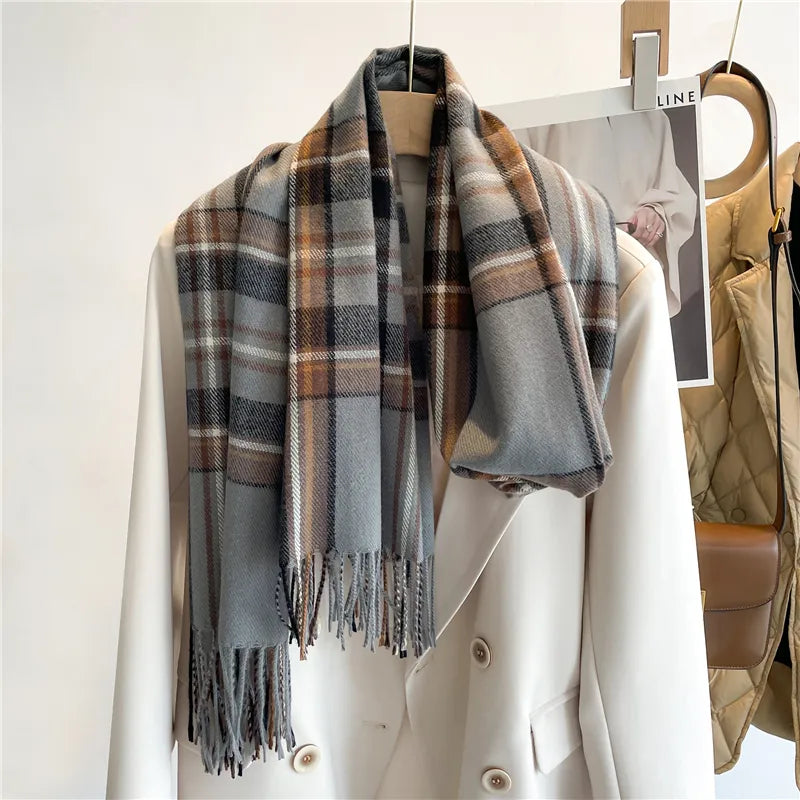 Flat lay of the classic checked winter scarf, showcasing its generous size and color palette.