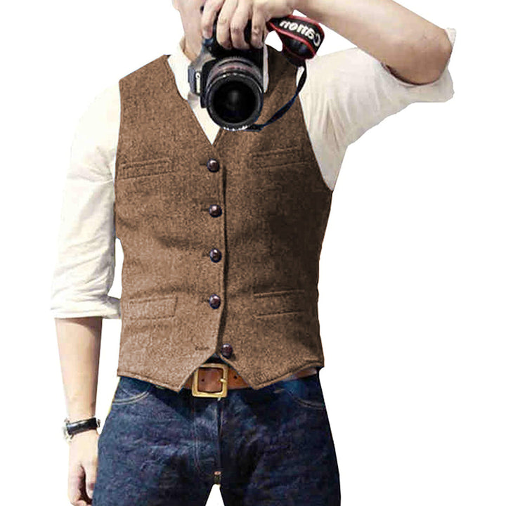 Detailed shot of collar and button placket on stylish denim vest