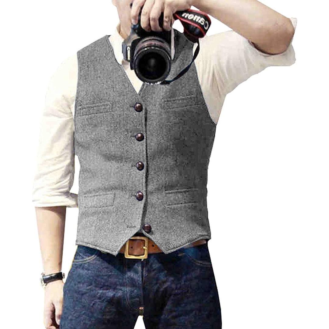 Flat lay of versatile mens casual wear denim vest ready for layering