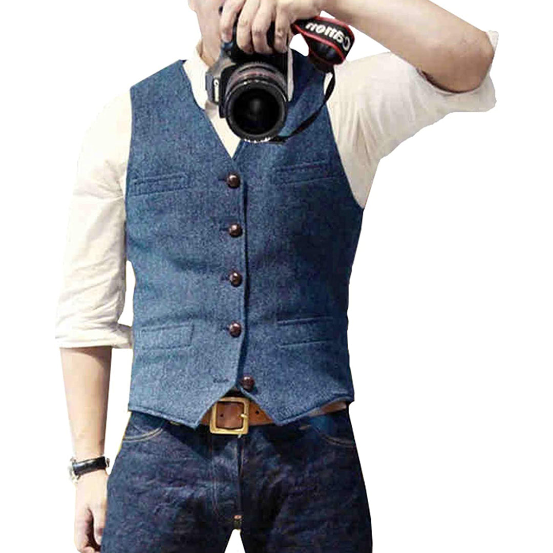 Front view of men's stylish denim vest Mason in classic blue wash