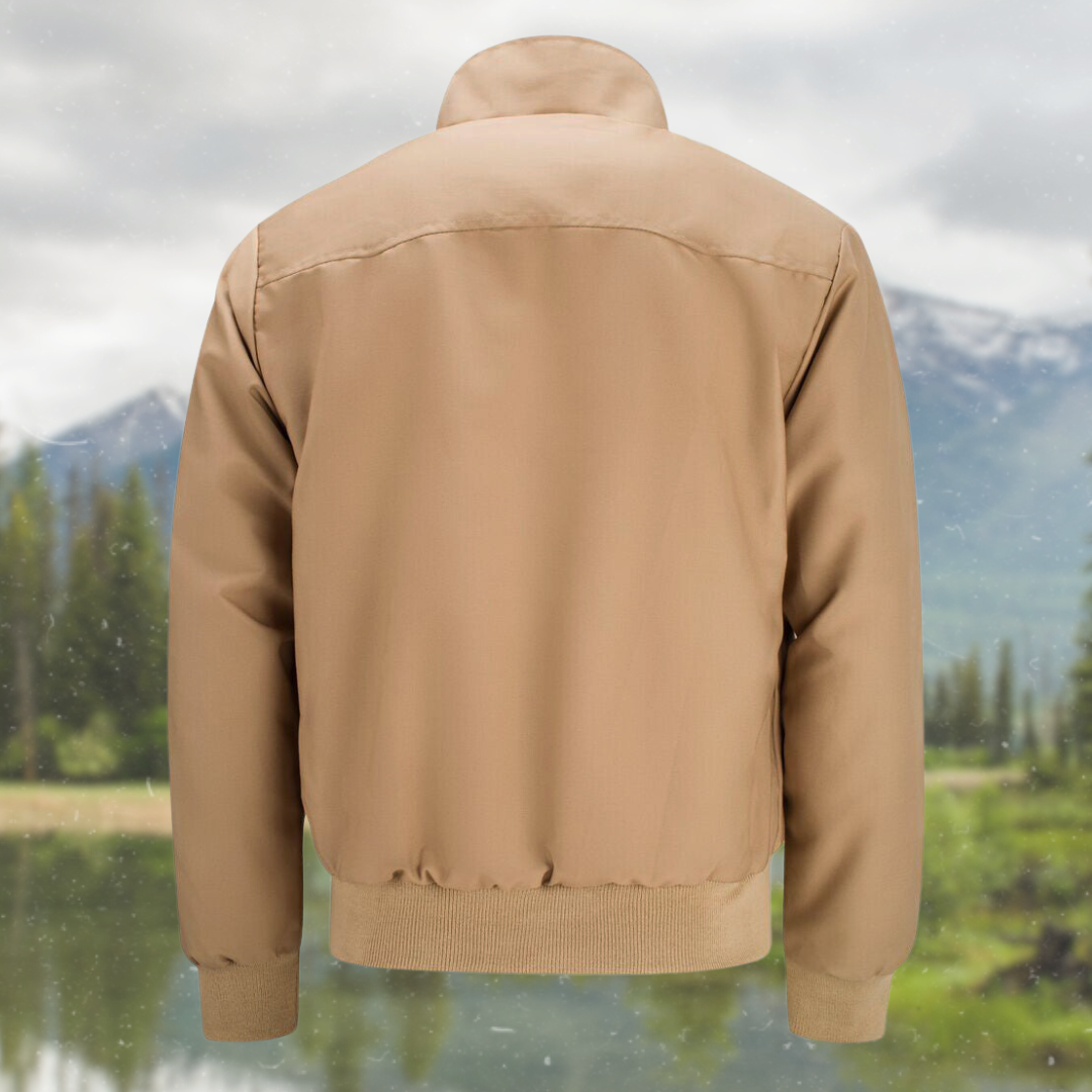 Side angle of mens fashion Harrington jacket zipped up