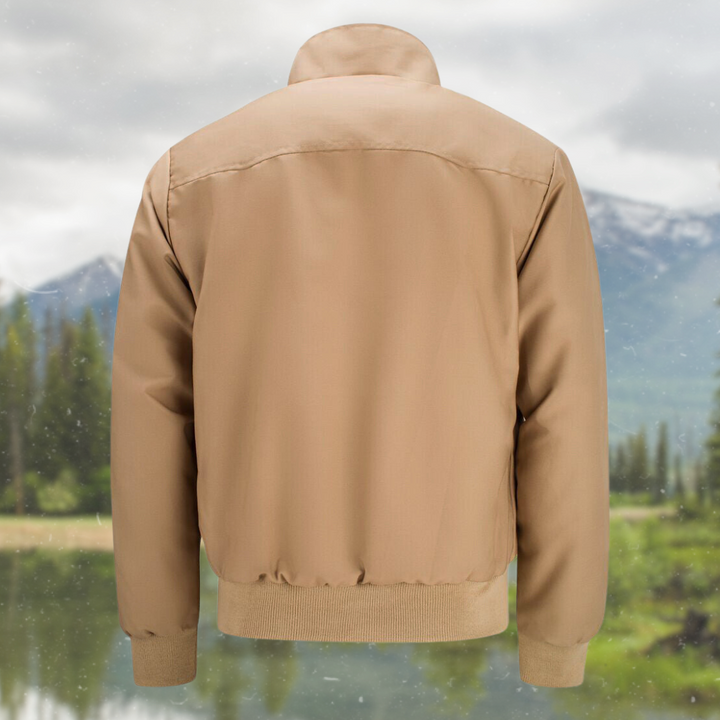 Side angle of mens fashion Harrington jacket zipped up