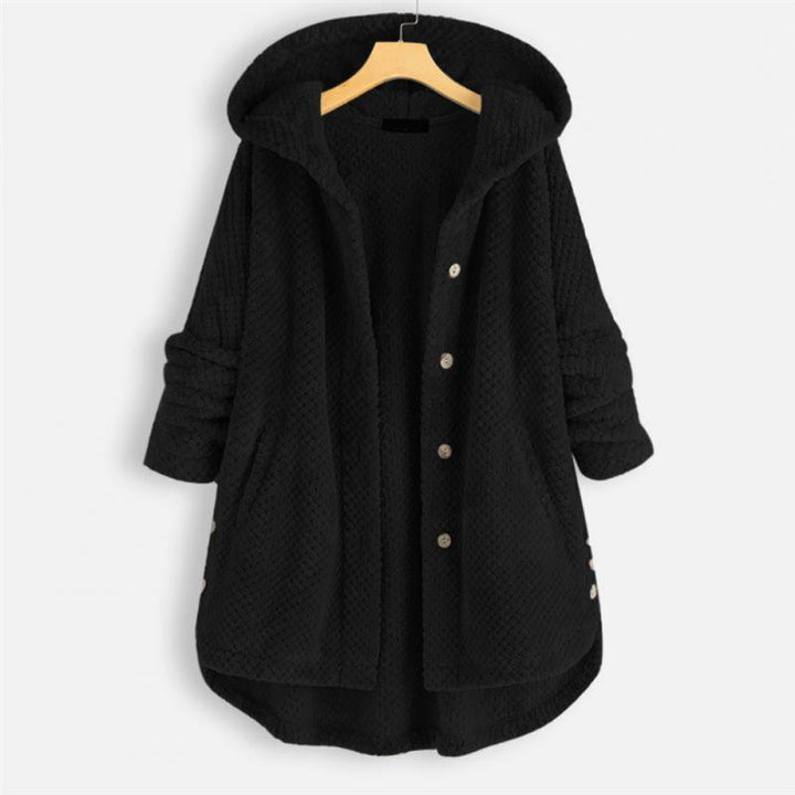 Close-up of soft fleece fabric texture on women's winter jacket apparel