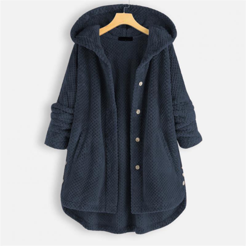 Dark blue hooded fleece jacket with button details