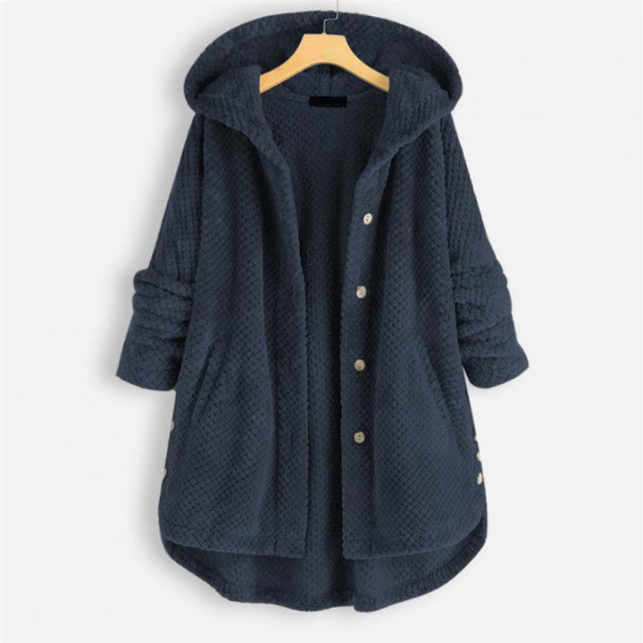 Dark blue hooded fleece jacket with button details