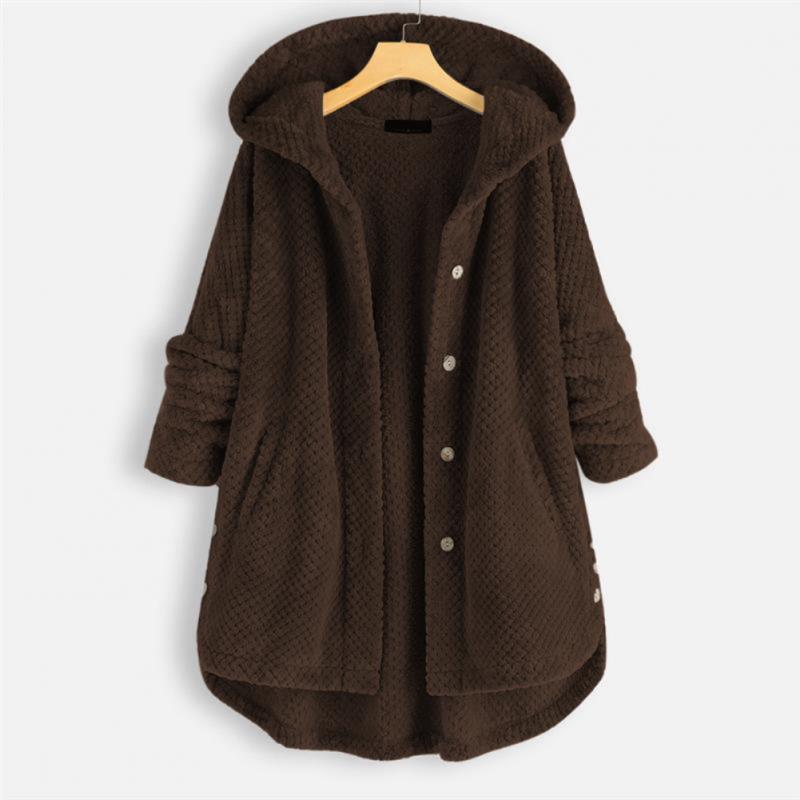 Side view of women's hooded fleece jacket showcasing cozy outerwear design