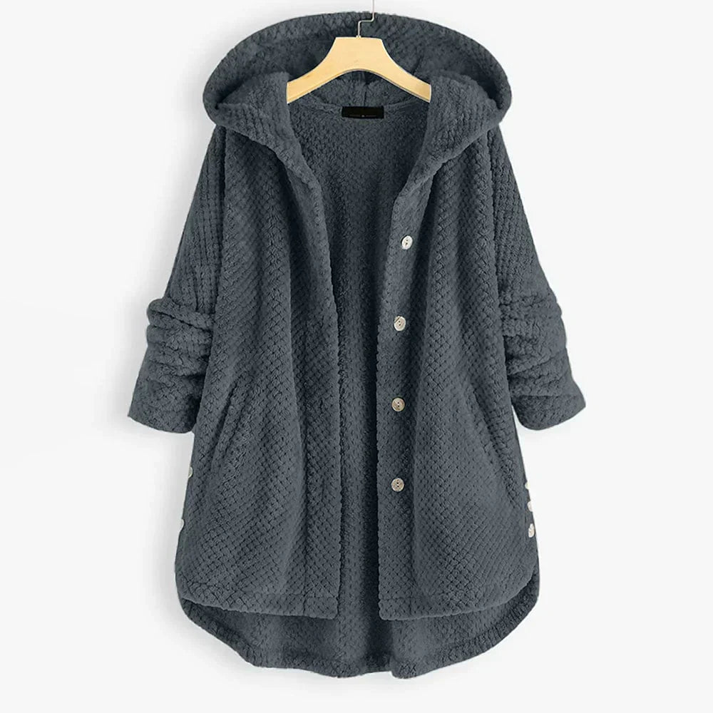 Back view of warm fleece coat for women with attached hood for winter