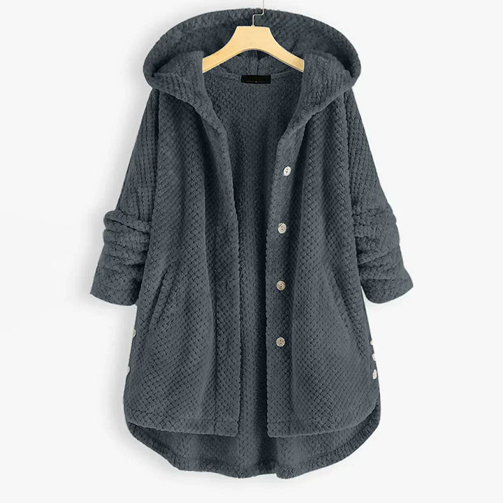 Back view of warm fleece coat for women with attached hood for winter