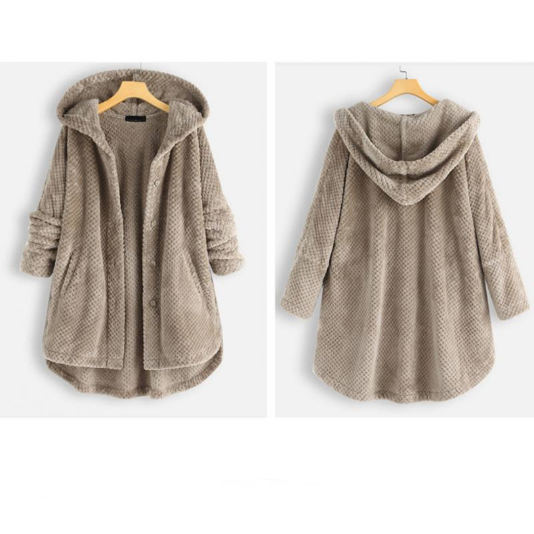 Interior lining detail of warm hooded fleece jacket for women
