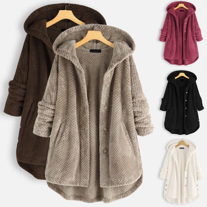 Assorted winter fleece jackets in brown, beige, pink, black and white