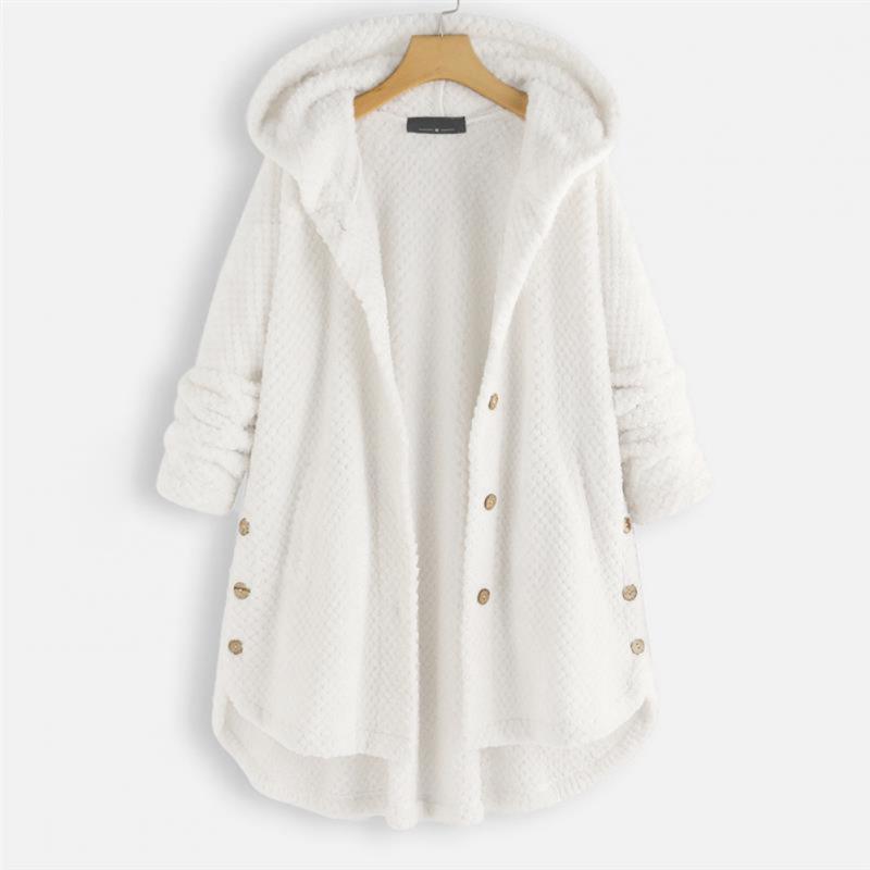 White hooded fleece jacket hanging on a wooden hanger