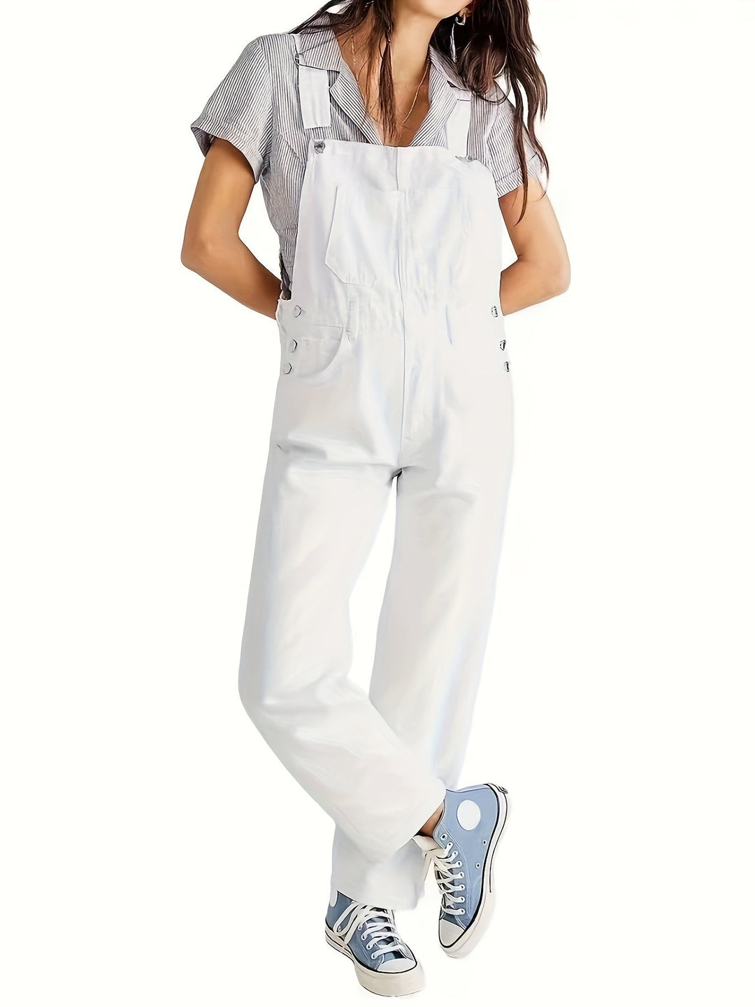 Detail of fabric texture and stitching on casual wear denim romper