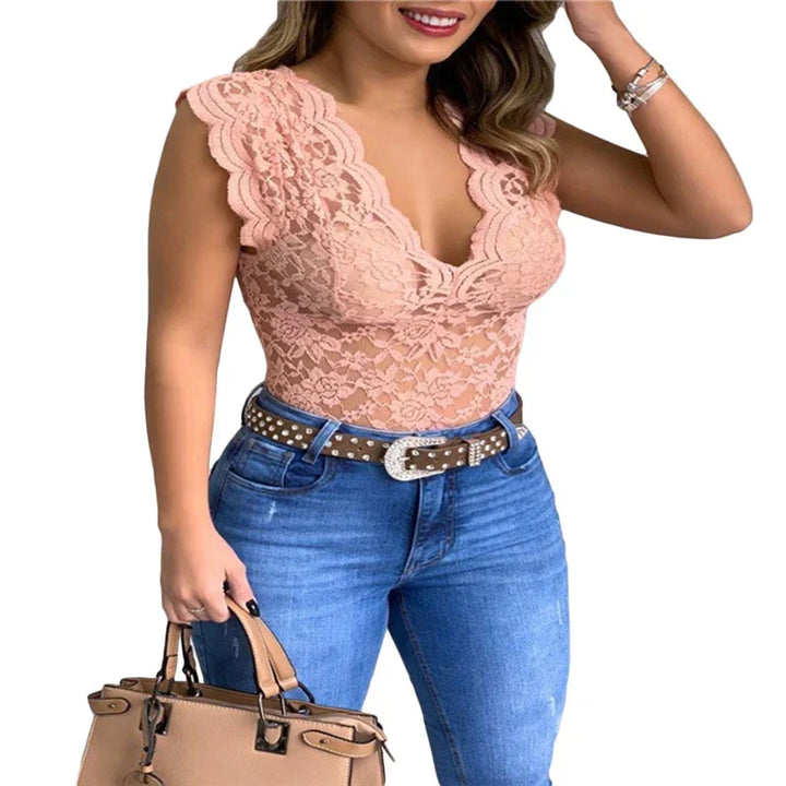 Side view of women's floral lace summer top showing sleeveless casual design