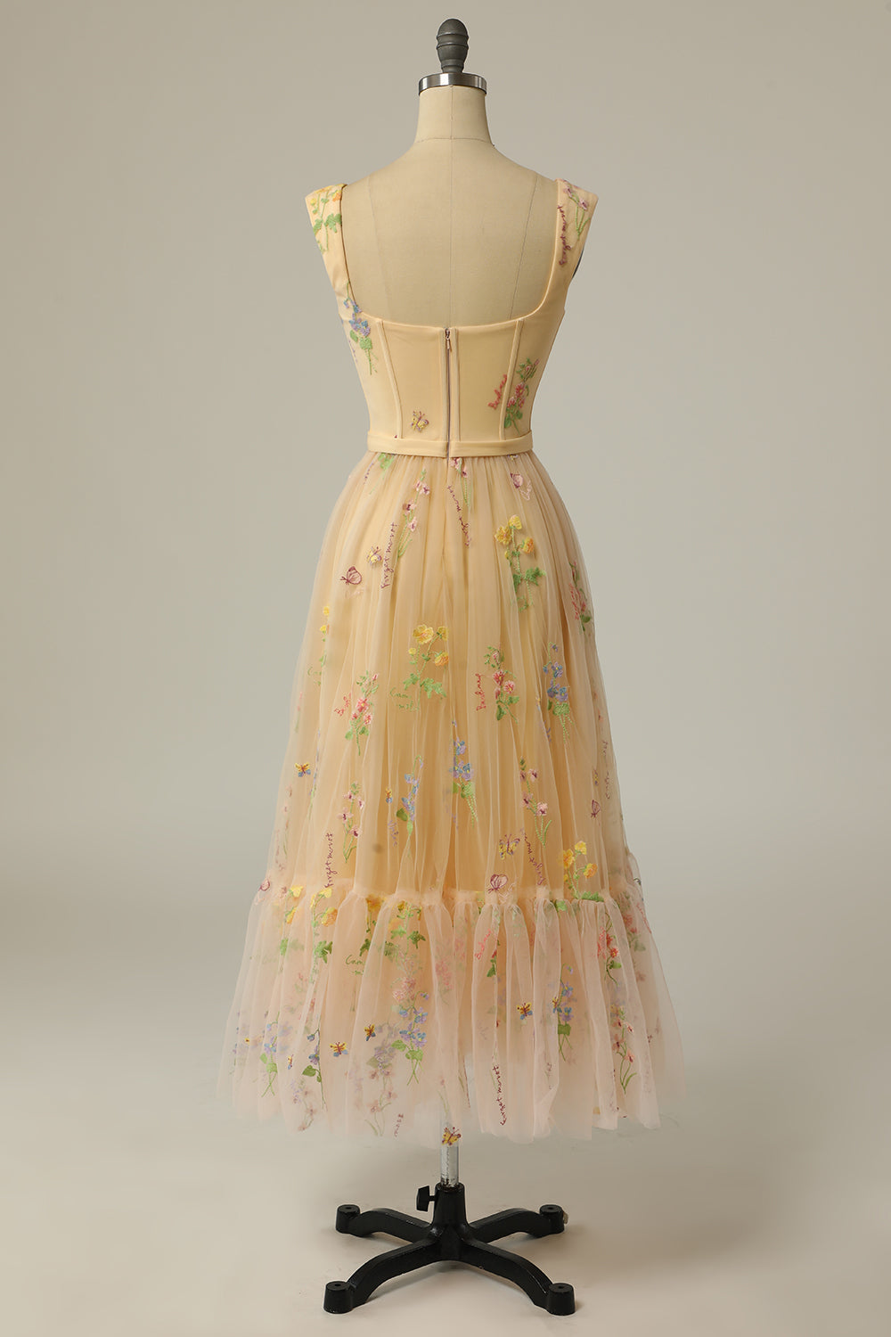 Close-up of intricate embroidery on the elegant evening dress bodice