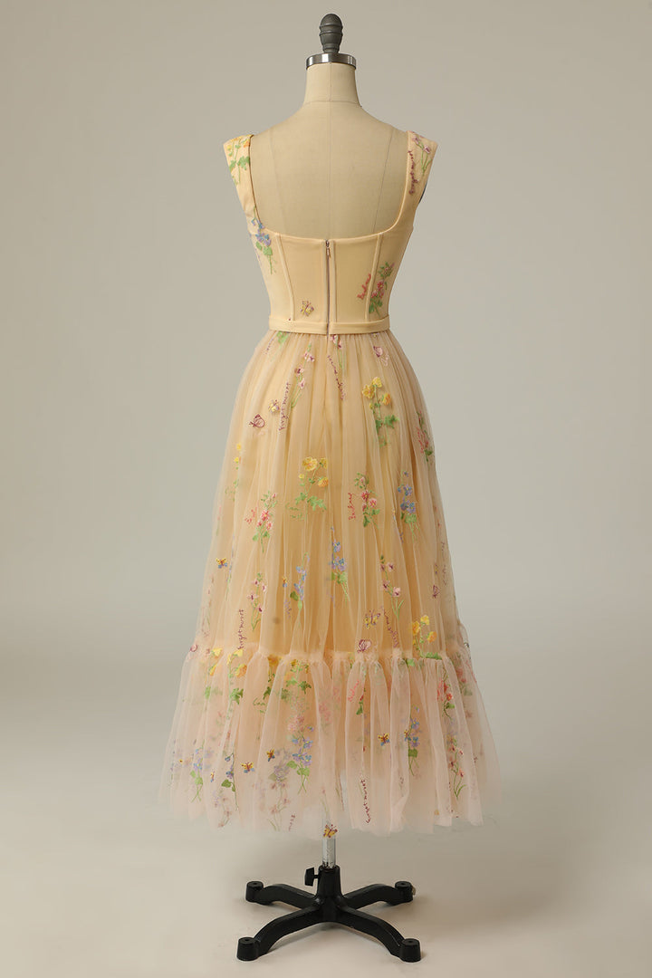 Close-up of intricate embroidery on the elegant evening dress bodice
