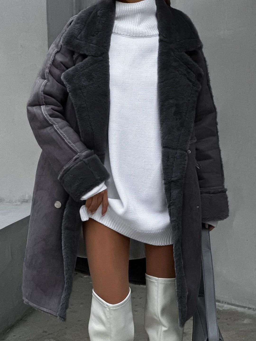 Elegant beige women's long winter coat in warm polar fleece for chilly days