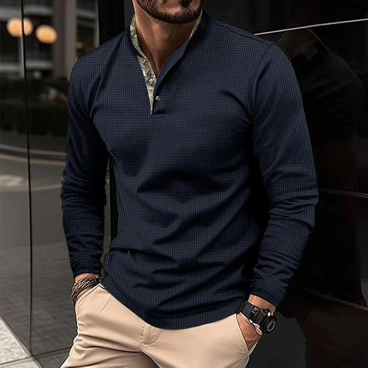 Olive green long sleeve polo shirt for men featuring a classic collar and button placket