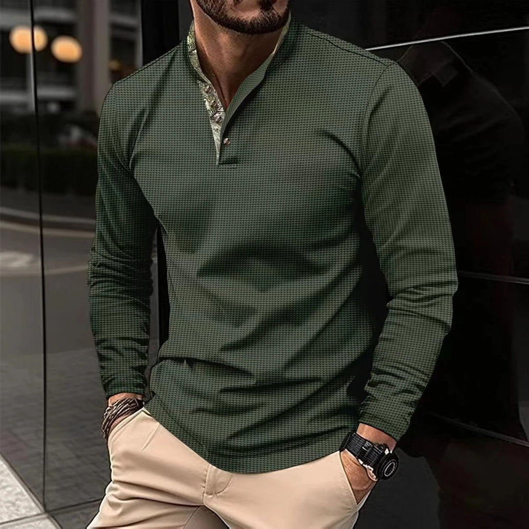 Man wearing Olive Green long sleeve men's polo Finn
