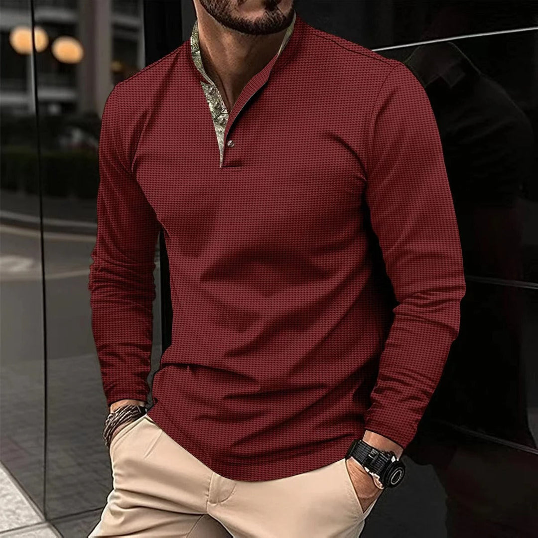 Man wearing Red long sleeve men's polo Finn