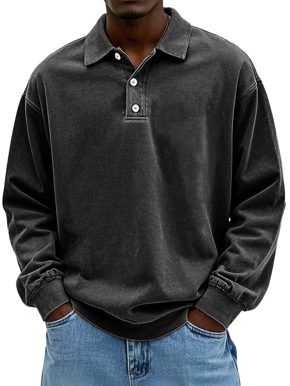 Folded men's stylish long-sleeve polo shirts in various colors for fall