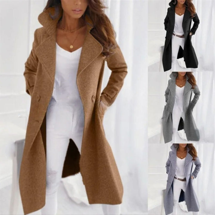 Woman wearing a khaki long coat with multiple color options displayed