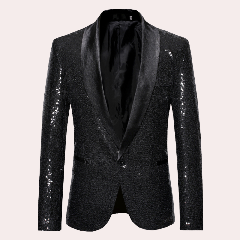 Front view of men's black sequin blazer with shawl lapel
