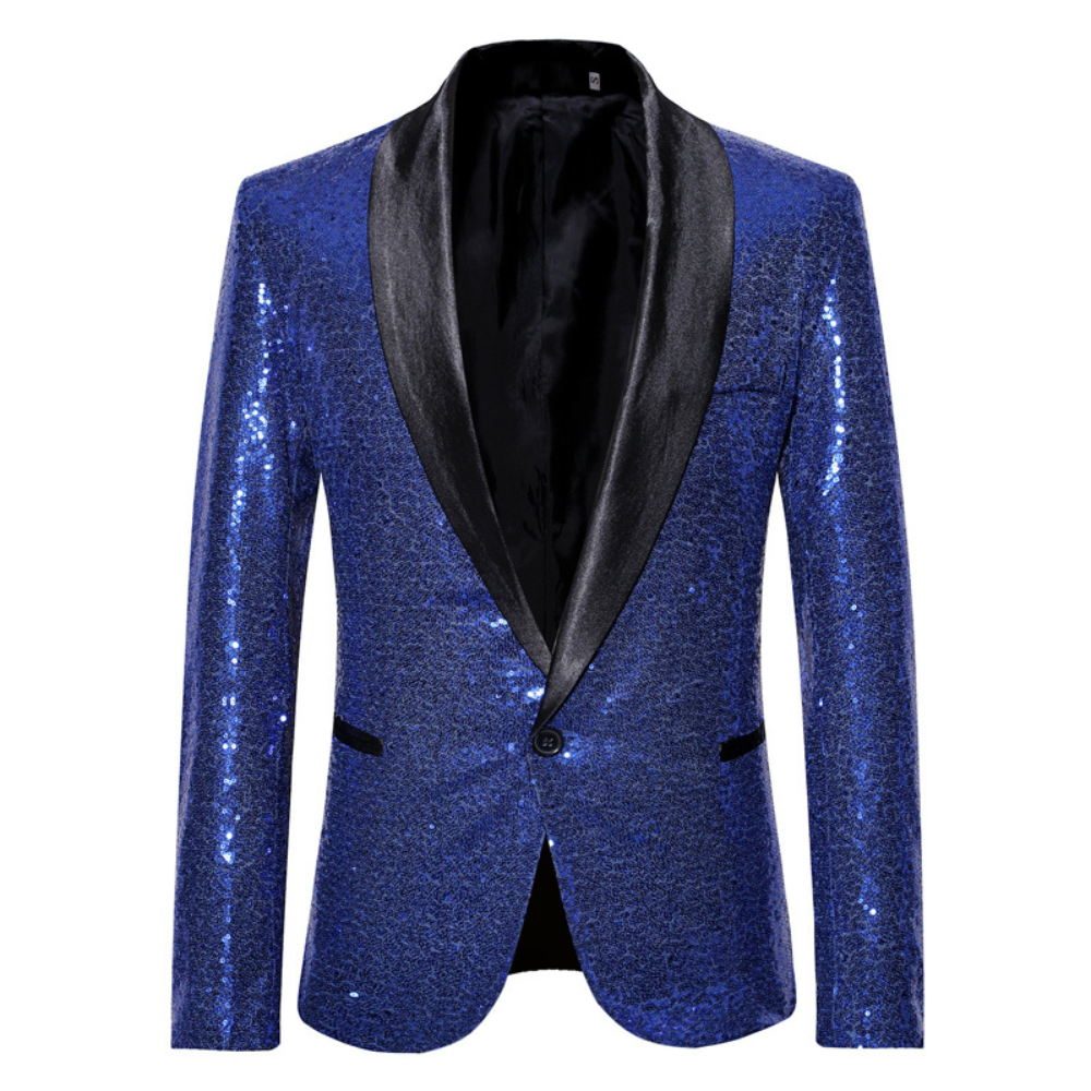 Front view of men's blue sequin blazer with single button closure