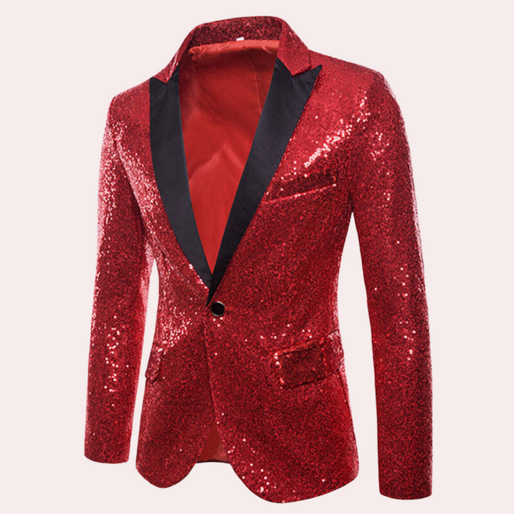 Close up of mens fashion sequin blazer fabric and lapel detail