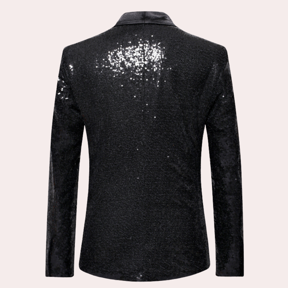 Back view of men's black sequin blazer showing detailed texture