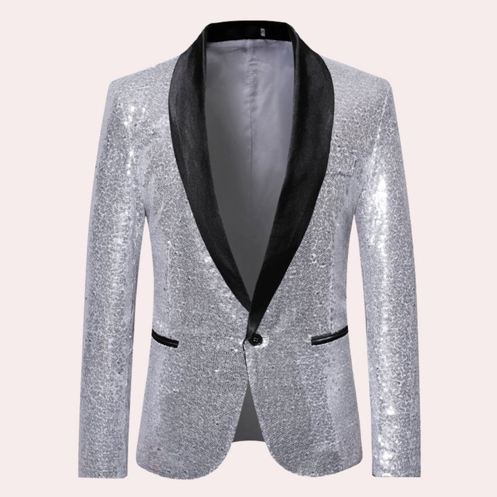 Stylish mens prom jacket and party blazer worn with formal shirt