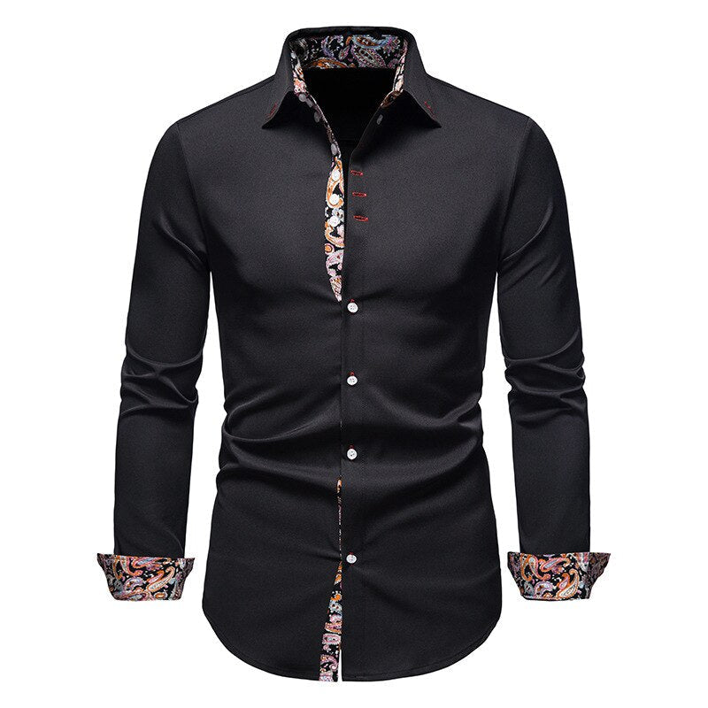 Mens slim fit patterned shirt close up showing fabric collar detail and long sleeves
