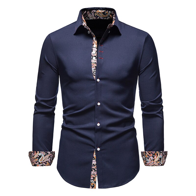 Men's dark blue dress shirt featuring contrast inner collar and button placket detailing