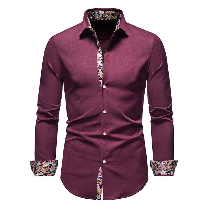 Men's rich red formal button-down shirt with patterned collar accents