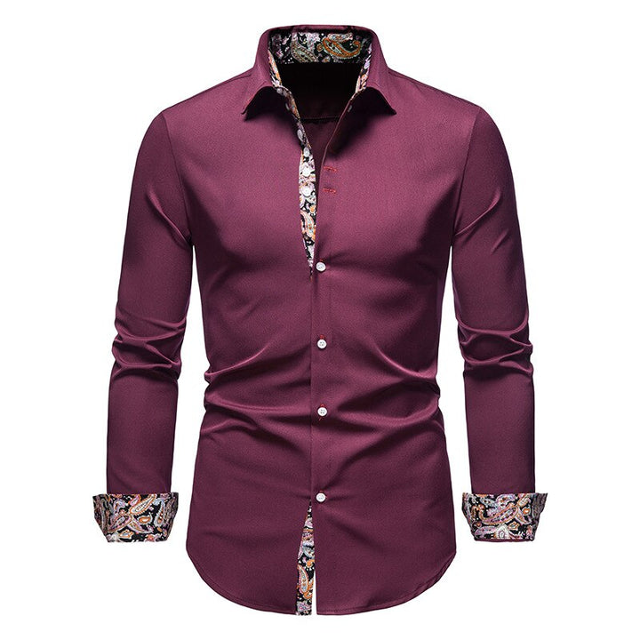 Men's rich red formal button-down shirt with patterned collar accents