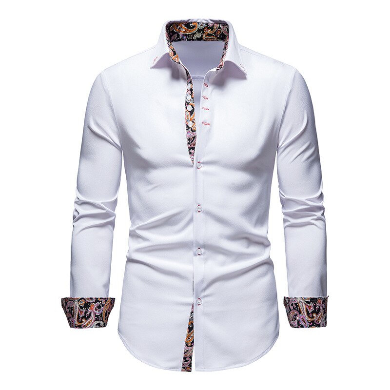 Men's white slim fit long sleeve shirt with paisley pattern inner collar and cuffs