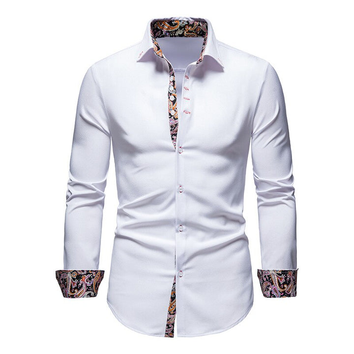 Men's white slim fit long sleeve shirt with paisley pattern inner collar and cuffs