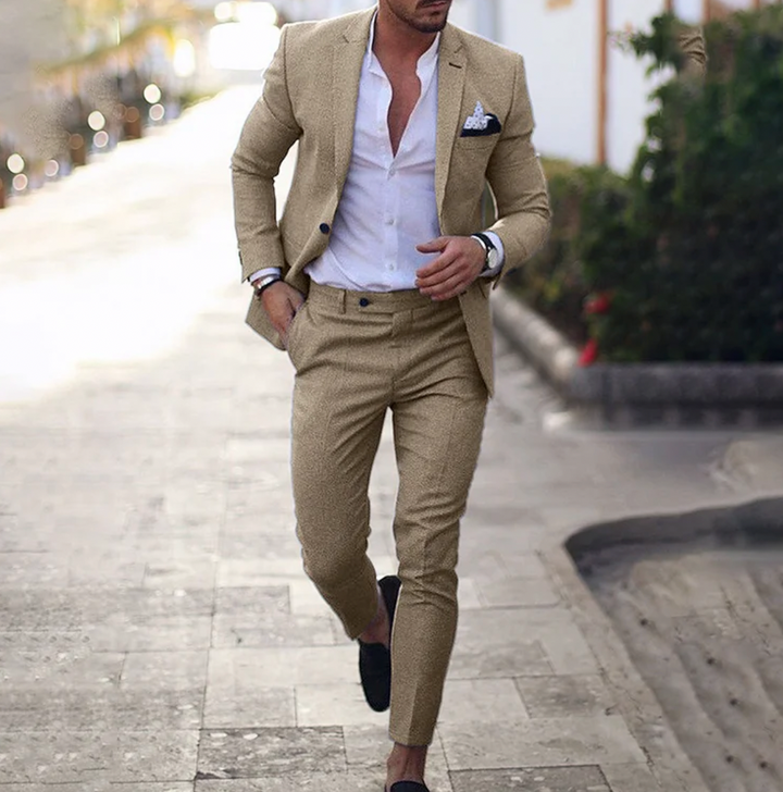 Man wearing beige business casual suit set on a sunny street