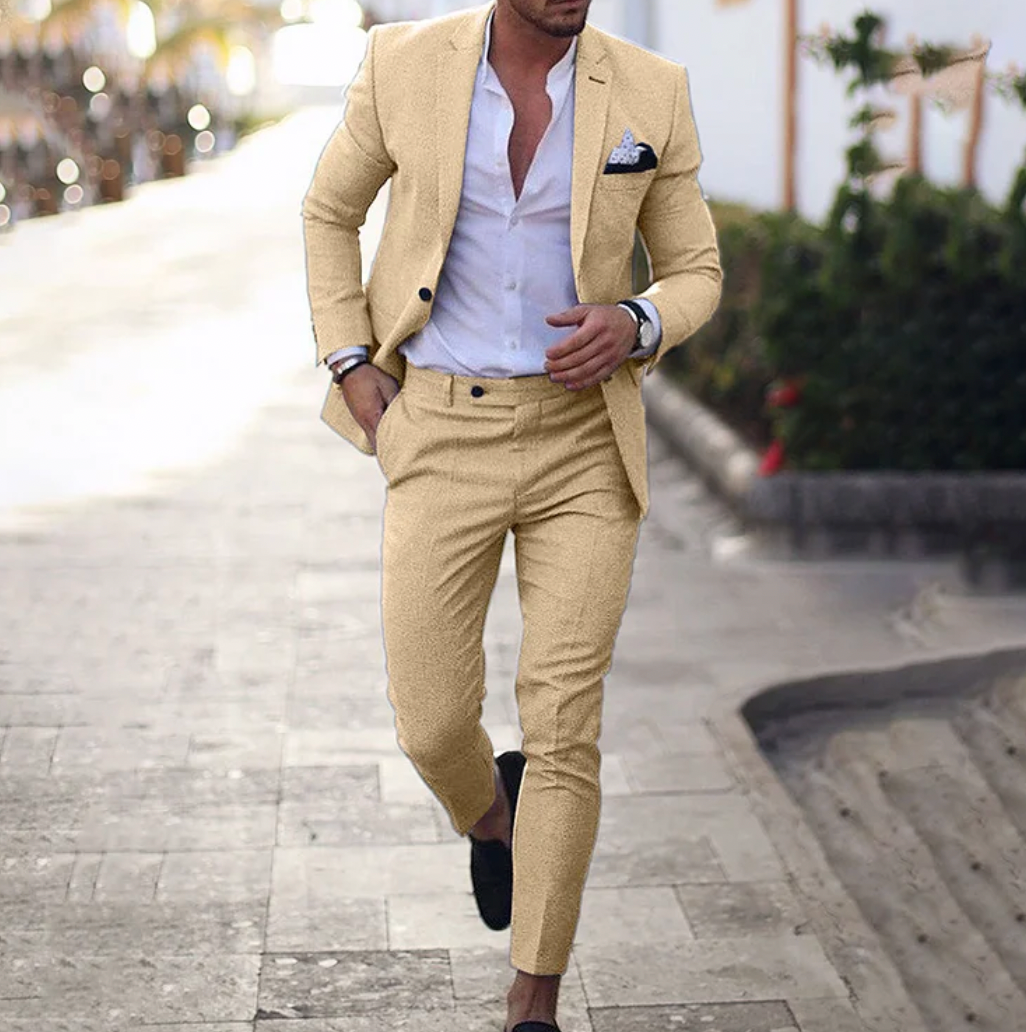 Modern men's fashion tailored suit set showcasing clean lines and fit