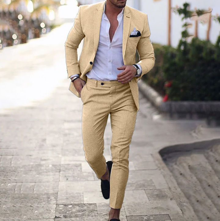 Modern men's fashion tailored suit set showcasing clean lines and fit