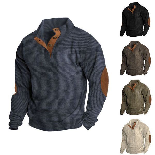 Close-up view of the blue men's outdoor sweater highlighting the button placket and elbow patch