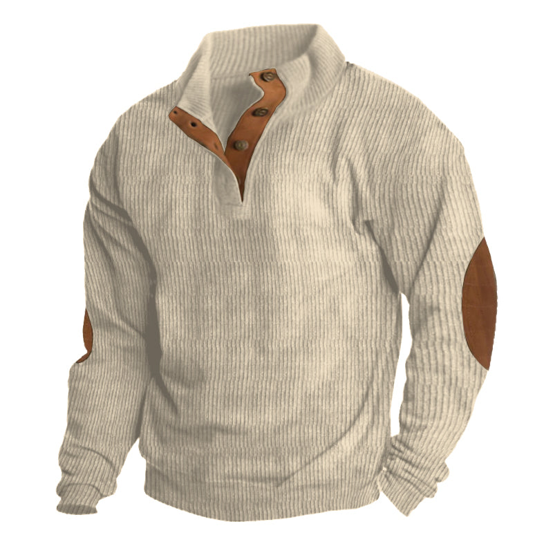 Detailed front view of the beige men's outdoor thermal knit pullover sweater