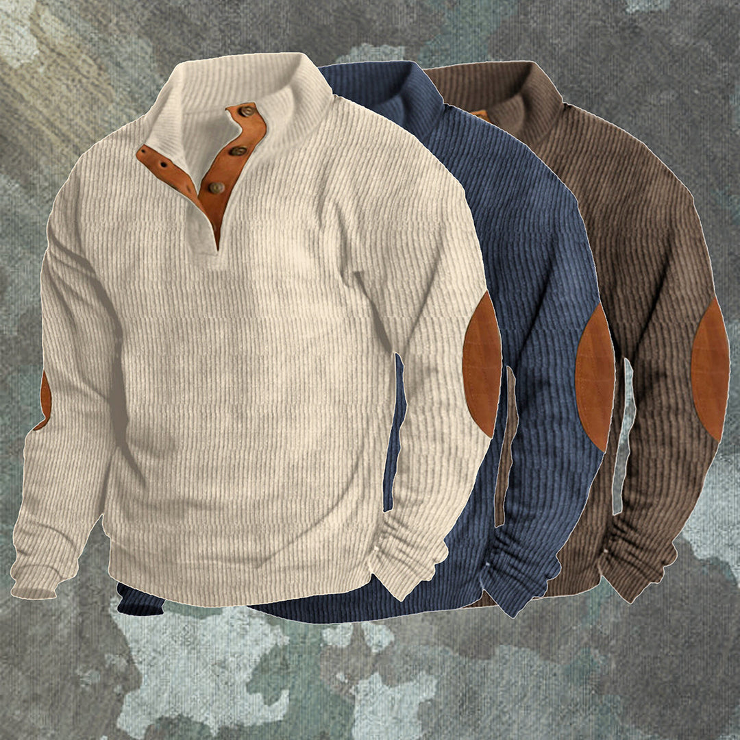 Mens casual hiking pullover layered over a shirt in nature